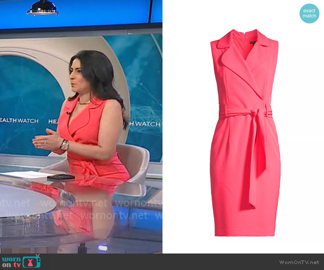 Black Halo x Laurel Berman Danica Sheath Dress in Coral worn by Dr. Celine Gounder on CBS Mornings