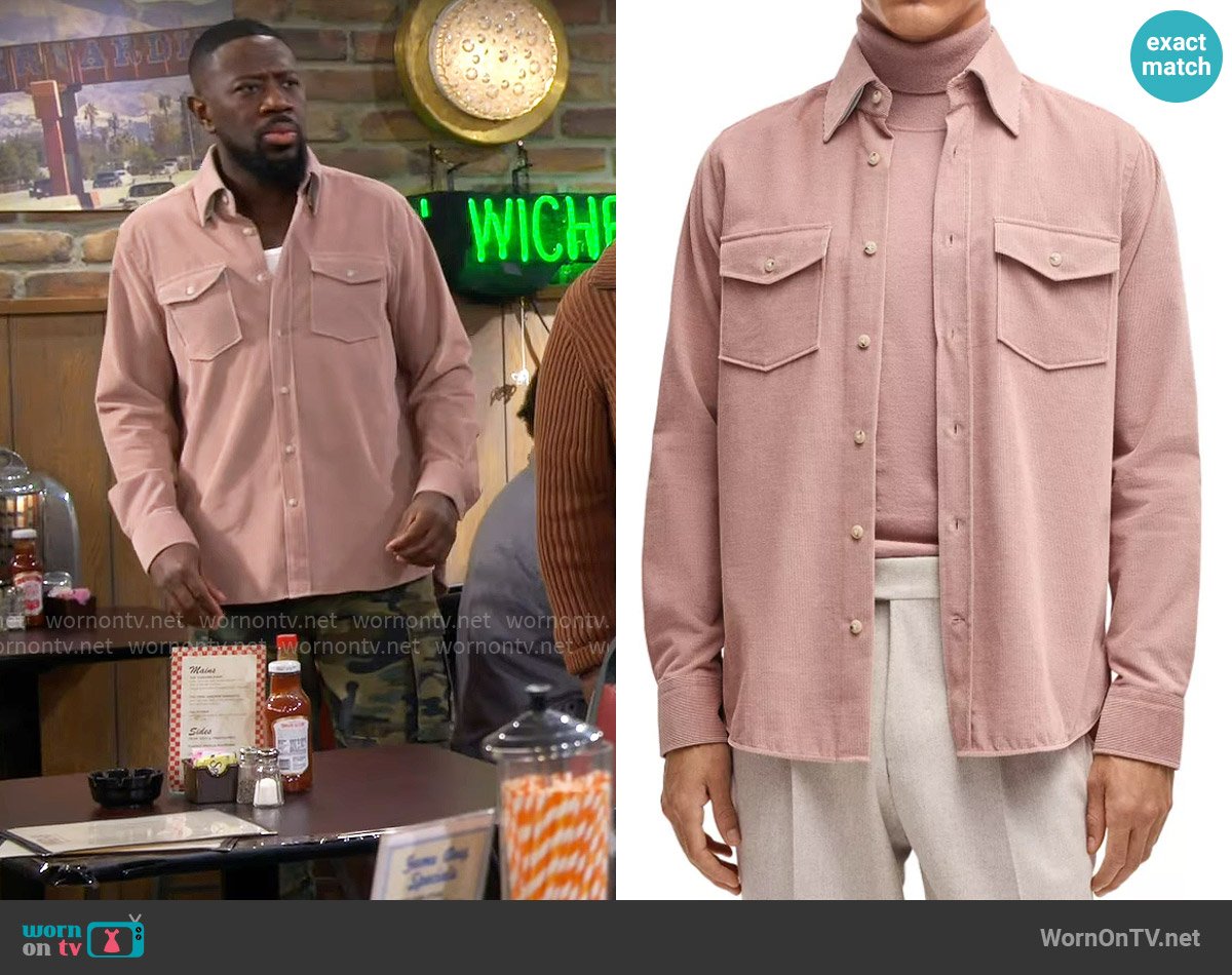 BOSS Cotton Corduroy Relaxed Fit Button Down Shirt in Light Pastel Pink worn by Malcom (Sheaun McKinney) on The Neighborhood