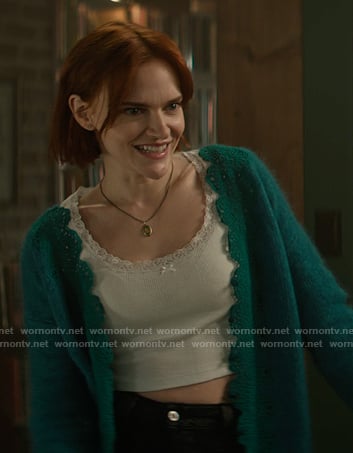 Bronte’s teal scalloped knit cardigan on You