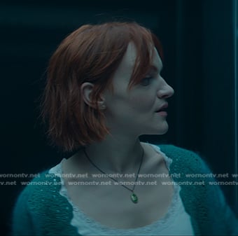Bronte’s teal scalloped knit cardigan on You