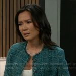 Caroline’s teal green tweed jacket on Beyond the Gates