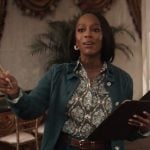 Catherine’s green printed shirt and ruffle collar cardigan on Grosse Pointe Garden Society