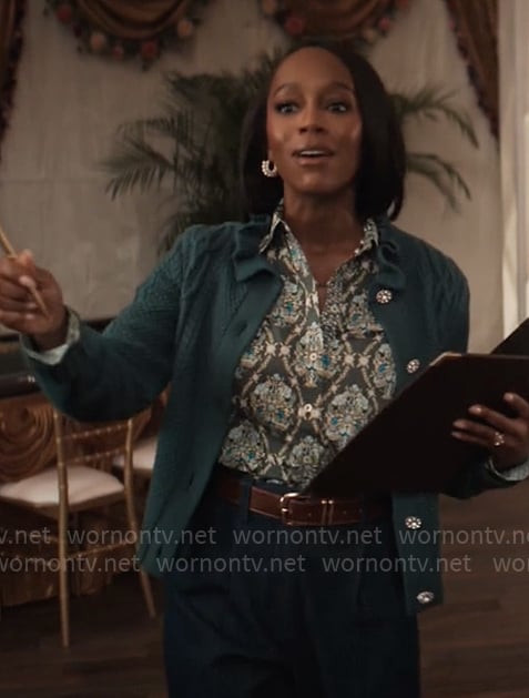 Catherine’s green printed shirt and ruffle collar cardigan on Grosse Pointe Garden Society