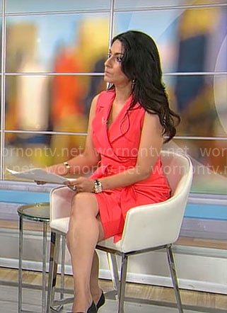 Celine Gounder's coral pink sleeveless dress on CBS Mornings