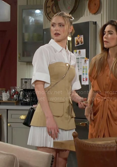 Claire’s tan and white layered shirtdress on The Young and the Restless