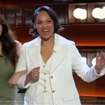 Cynthia’s white corduroy blazer and pants on The Kelly Clarkson Show