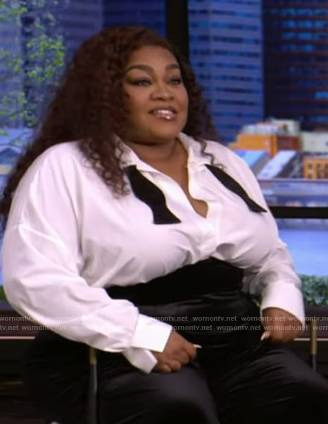Da’Vine’s white tie neck blouse on Live with Kelly and Mark