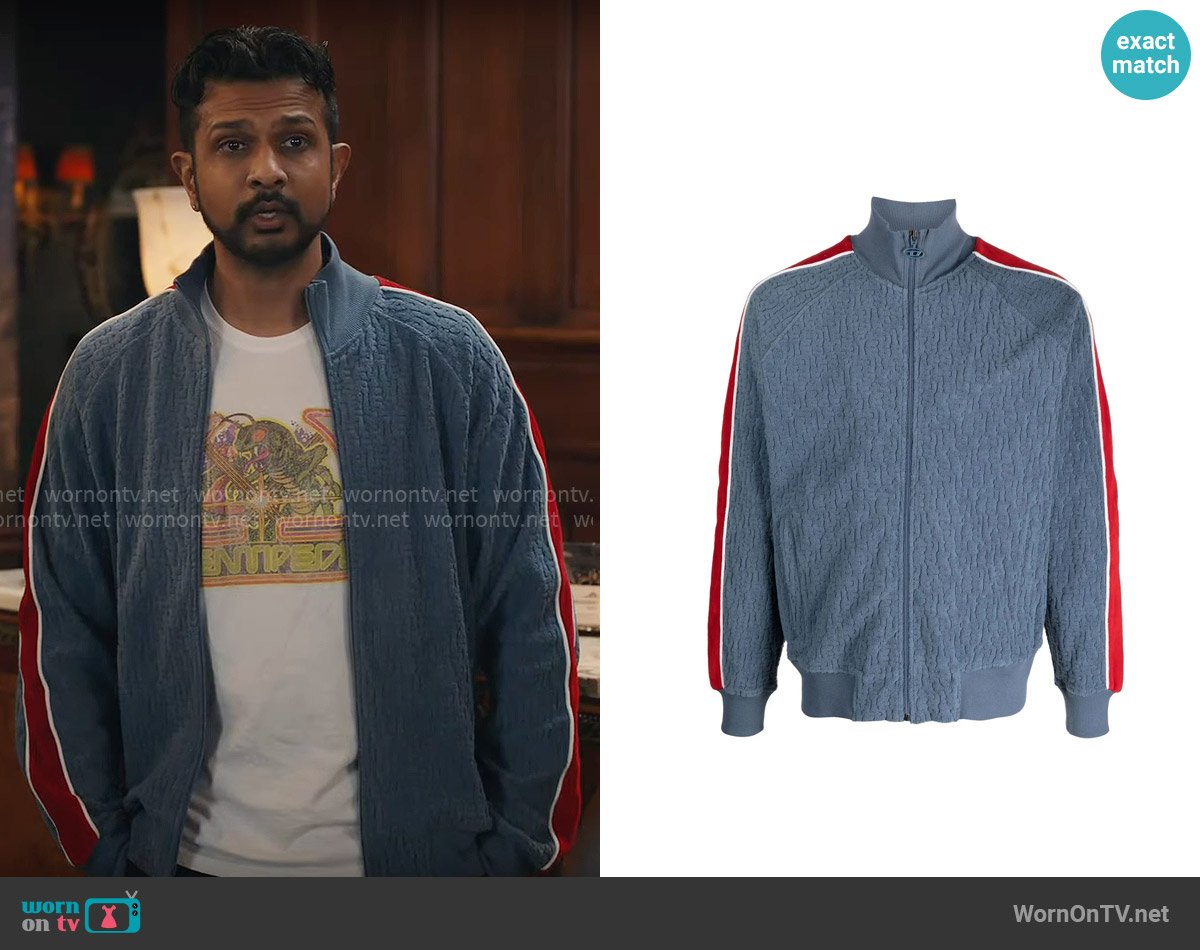 Diesel Stripe-sleeve zip-up sweatshirt worn by Jay (Utkarsh Ambudkar) on Ghosts