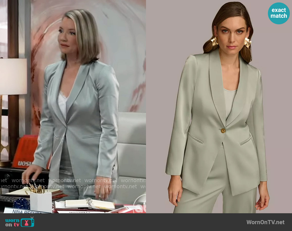 Donna Karan New York Satin Shawl-Collar Blazer in Pale Jade worn by Nina Reeves (Cynthia Watros) on General Hospital