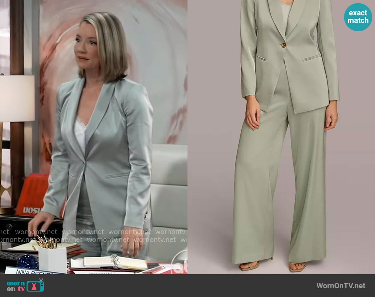 Donna Karan New York Satin Wide-Leg Side-Zip Trousers in Pale Jade worn by Nina Reeves (Cynthia Watros) on General Hospital