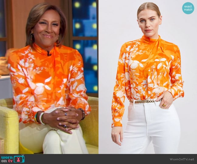 Elie Tahari Floral Draped Neck Shirt worn by Robin Roberts on Good Morning America