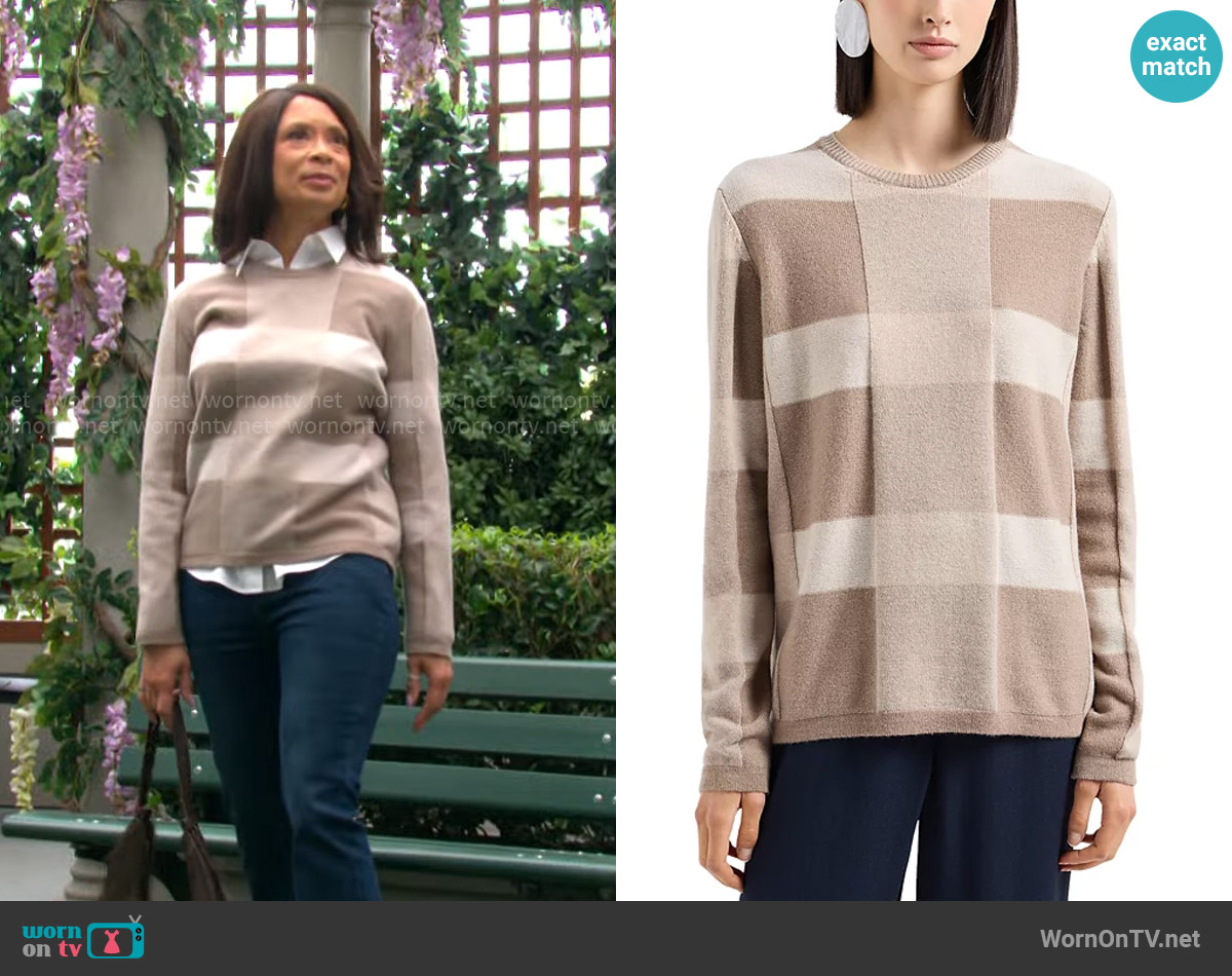 Amy’s beige checked sweater on The Young and the Restless