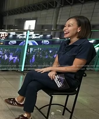 Eva's denim jumpsuit and sneakers on Good Morning America