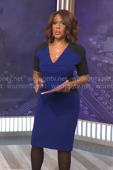 Gayle King's blue and black colorblock dress on CBS Mornings