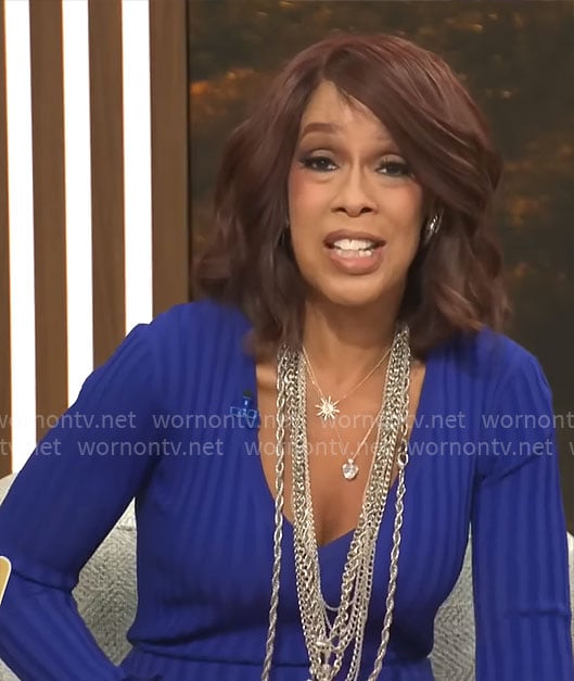 Gayle King's blue ribbed v-neck dress on CBS Mornings