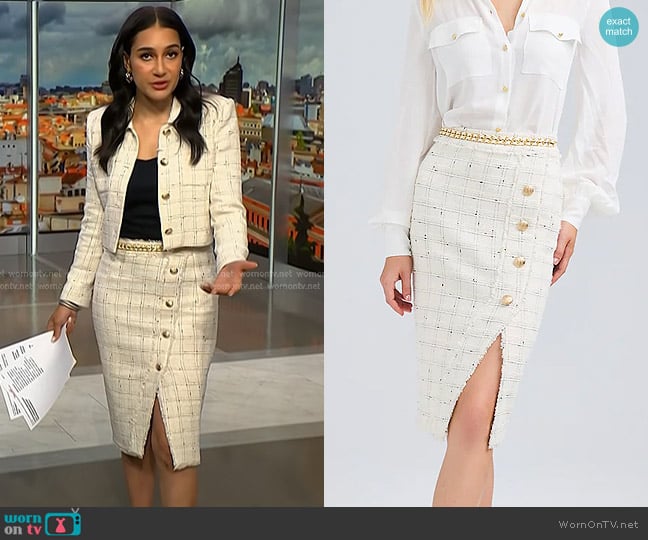 Generation Love Arcadia Windowpane Tweed Skirt worn by Morgan Radford on NBC News Daily