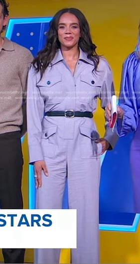 Hannah John-Kamen’s lilac belted jumpsuit on Good Morning America
