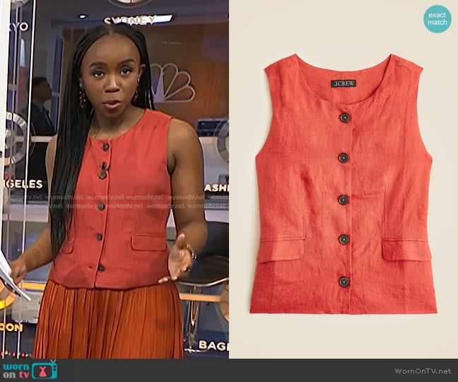 J. Crew Crewneck vest in linen in Red Sand worn by Zinhle Essamuah on NBC News Daily