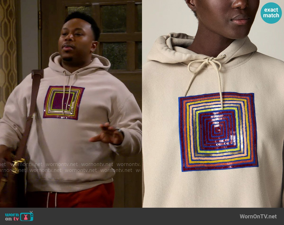 J. Crew x Christopher John Rogers Heritage fleece hoodie with sequins worn by Marty (Marcel Spears) on The Neighborhood