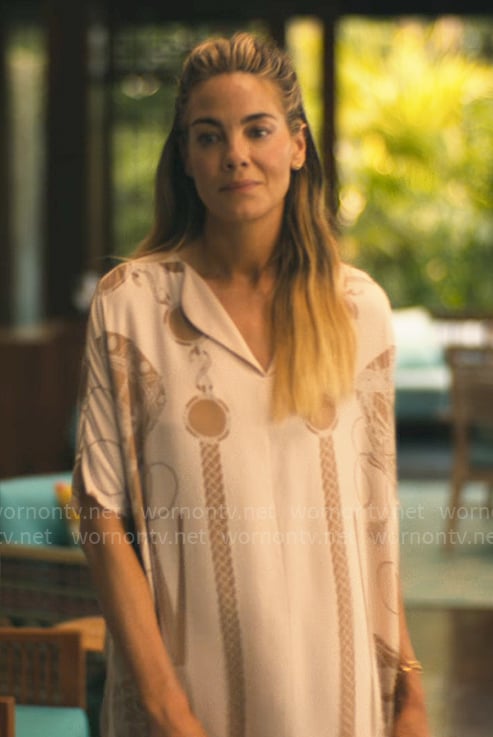 Jaclyn's beige printed long dress on The White Lotus