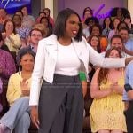 Jennifer’s gray belted pants and white cropped blazer on The Jennifer Hudson Show