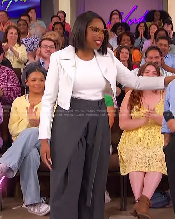 Jennifer’s gray belted pants and white cropped blazer on The Jennifer Hudson Show