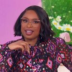 Jennifer’s geometric print tie neck blouse and pants on The Jennifer Hudson Show