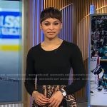 Jericka’s black mixed media print dress on CBS Evening News