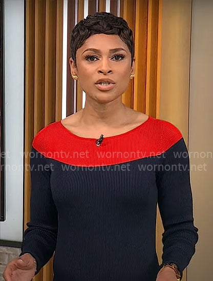 Jericka Duncan's navy and red colorblock dress on CBS Mornings