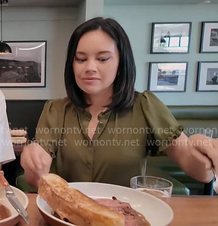 Jo Ling Kent's olive green ruffle trim top on CBS Mornings