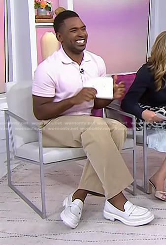 Justin’s pink polo and white chunky loafers on Today