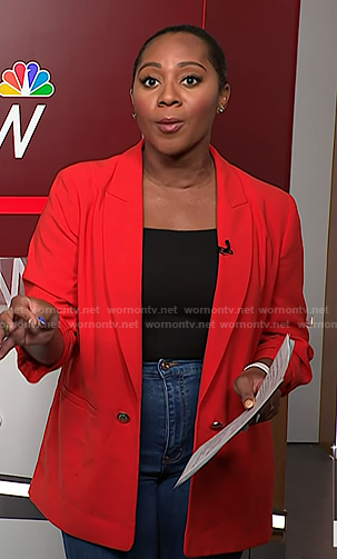 Kay Angrum's red ruched sleeve blazer on NBC News Daily