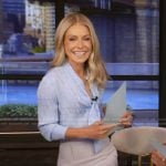 Kelly’s blue printed tie neck blouse on Live with Kelly and Mark