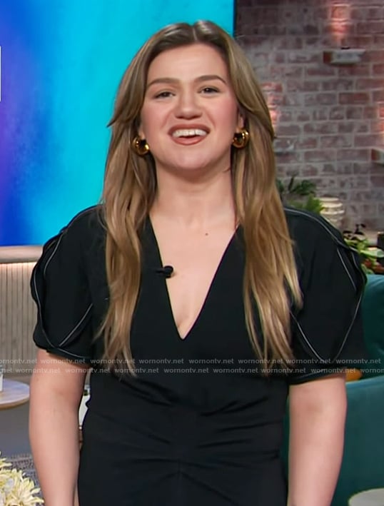 Kelly’s black gathered waist dress on The Kelly Clarkson Show