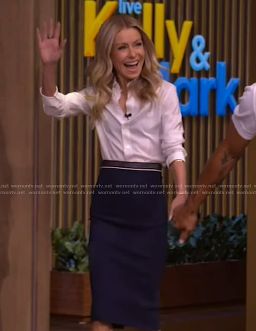 Kelly’s white blouse and navy skirt on Live with Kelly and Mark