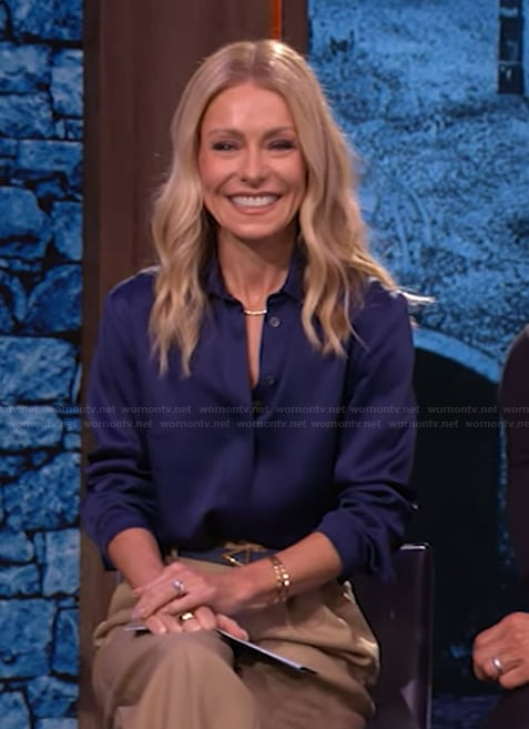 Kelly's navy satin blouse on Live with Kelly and Mark