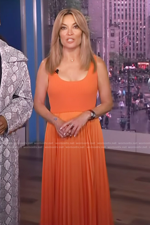 Kit Hoover's orange pleated dress on Access Hollywood