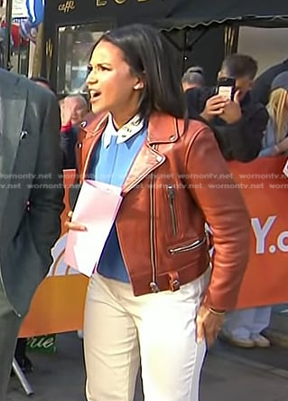 Laura's brown leather moto jacket on Today
