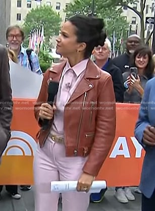 Laura's brown leather moto jacket on Today
