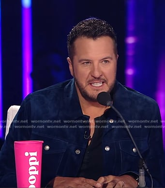 Luke Bryan’s navy suede trucker jacket on American Idol