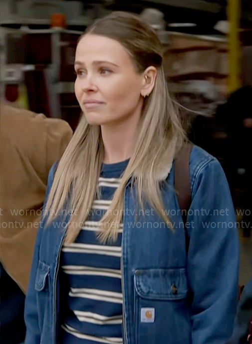 Novak's denim jacket with sherpa collar on Chicago Fire