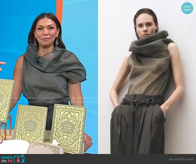 Mango Silk Blouse with Asymmetrical Neckline in Forest Green worn by Melissa Garcia on Today