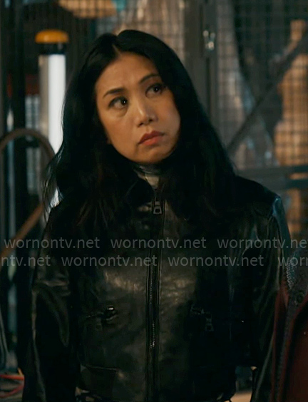 Mel’s cropped zip up leather jacket on The Equalizer