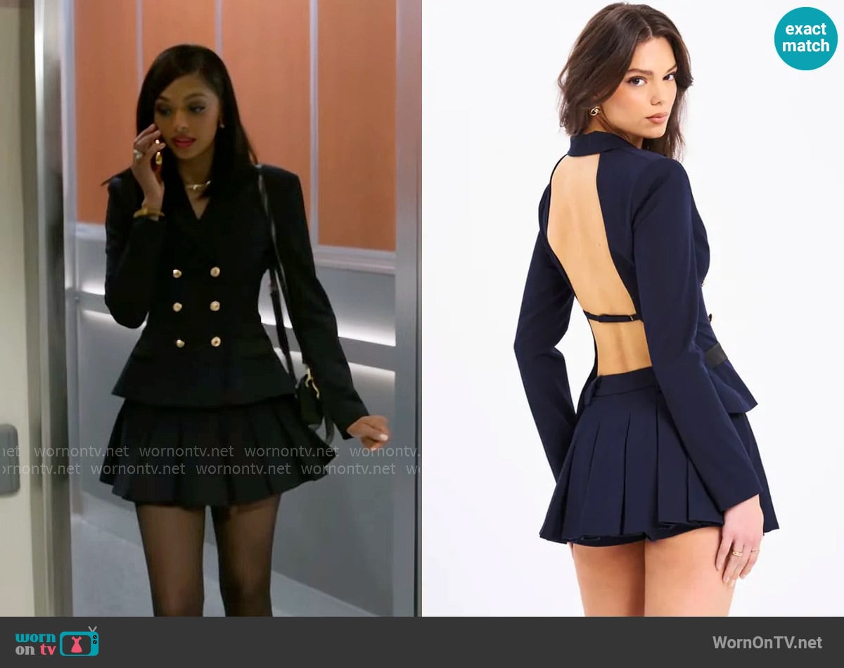 Kat’s navy blazer with open back on Beyond the Gates Kat’s navy blazer with open back on Beyond the Gates