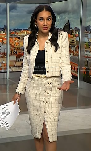Morgan’s white windowpane tweed jacket and skirt on NBC News Daily
