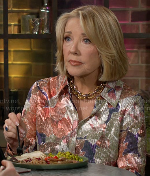 Nikki’s metallic floral shirt on The Young and the Restless