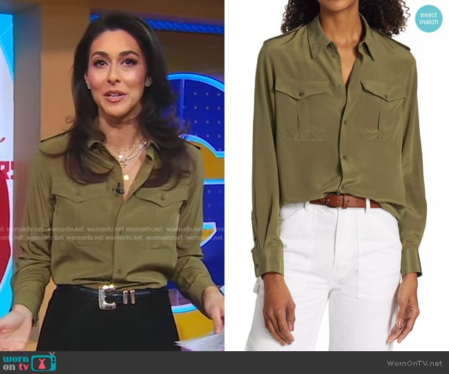 Nili Lotan Jeanette Silk Utility Shirt in Olive worn by Erielle Reshef on Good Morning America