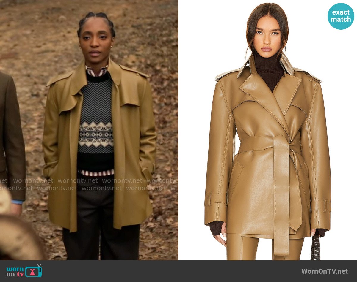 Norma Kamali Double Breasted Trench Mini in Woods worn by Faith Mitchell (Iantha Richardson) on Will Trent