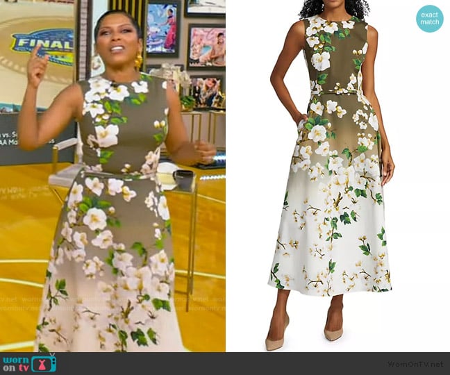 Oscar de la Renta Cherry Blossom Ombré Stretch-Cotton Midi-Dress worn by Tamron Hall on Tamron Hall Show