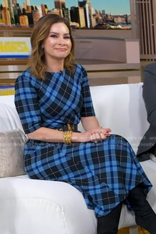 Rebecca Jarvis's blue plaid midi dress on Good Morning America